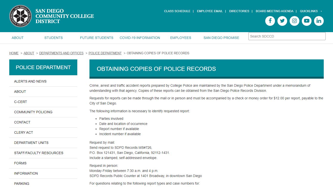 Obtaining Copies of Police Records - San Diego Community College District